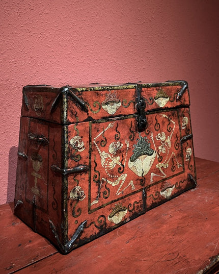 19th Century Painted Shmashana Tibetan Antique Storage Box Furniture From Central Tibet