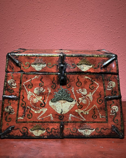 19th Century Painted Shmashana Tibetan Antique Storage Box Furniture From Central Tibet