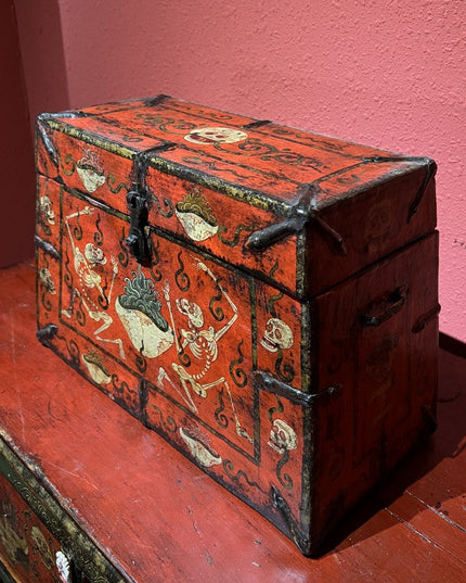 19th Century Painted Shmashana Tibetan Antique Storage Box Furniture From Central Tibet