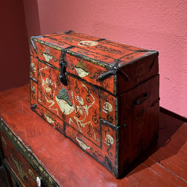 19th Century Painted Shmashana Tibetan Antique Storage Box Furniture From Central Tibet