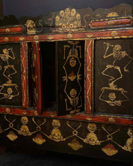 19th Century Painted Shmashana Tibetan Main Dharma Cabinet From East Tibet