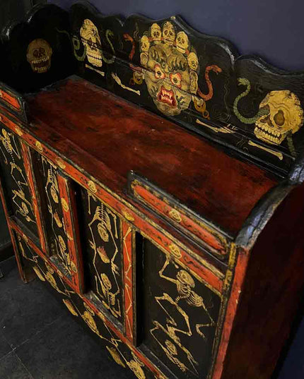 19th Century Painted Shmashana Tibetan Main Dharma Cabinet From East Tibet