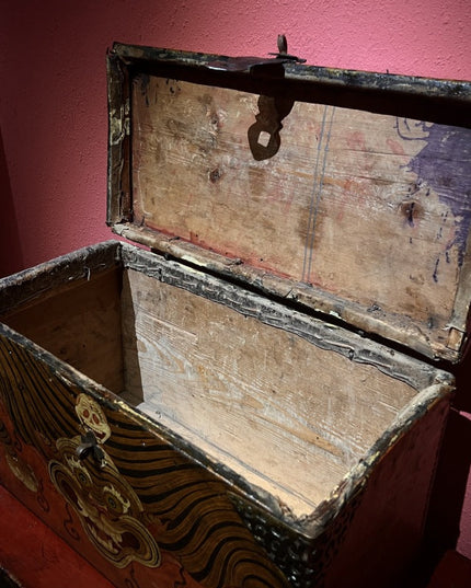 19th Century Painted Tiger Stripe Tibetan Antique Storage Box Furniture From East Tibet