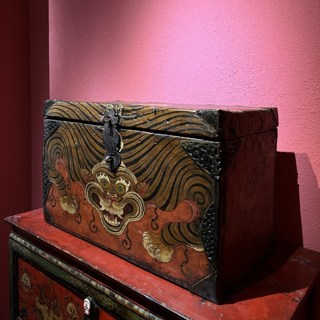 19th Century Painted Tiger Stripe Tibetan Antique Storage Box Furniture From East Tibet