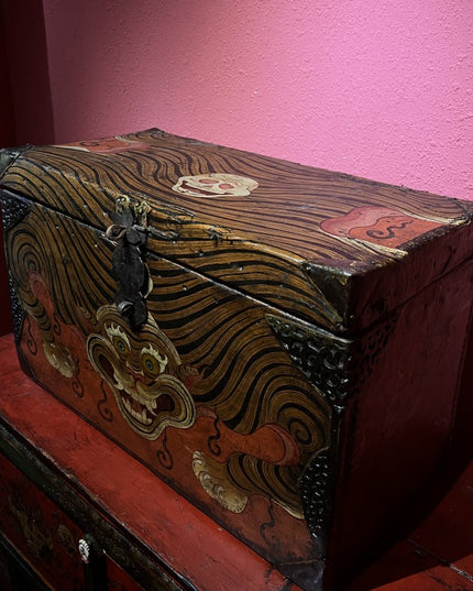 19th Century Painted Tiger Stripe Tibetan Antique Storage Box Furniture From East Tibet