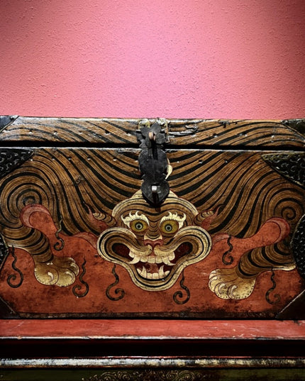 19th Century Painted Tiger Stripe Tibetan Antique Storage Box Furniture From East Tibet