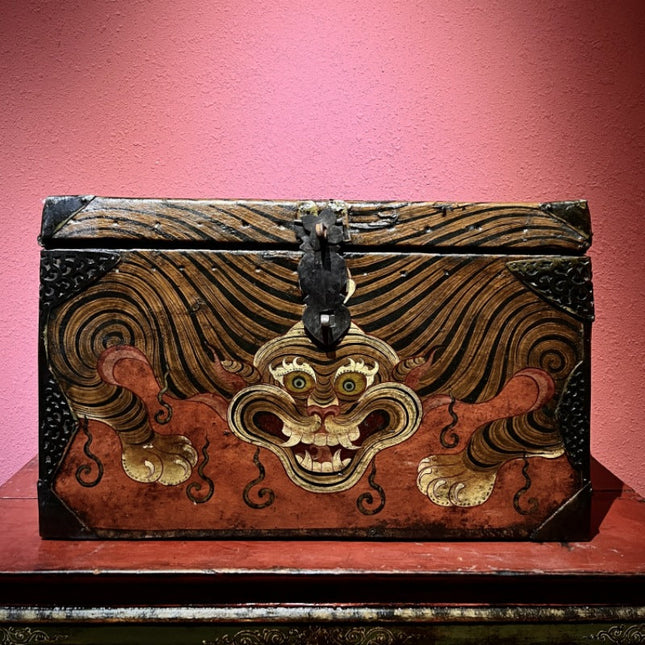 19th Century Painted Tiger Stripe Tibetan Antique Storage Box Furniture From East Tibet
