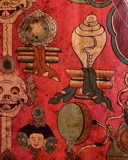 19th Century Shmashana Sacrificial Scene Old Wooden Door Thangka