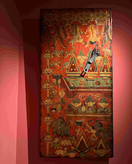19th Century Shmashana Sacrificial Scene Old Wooden Door Thangka
