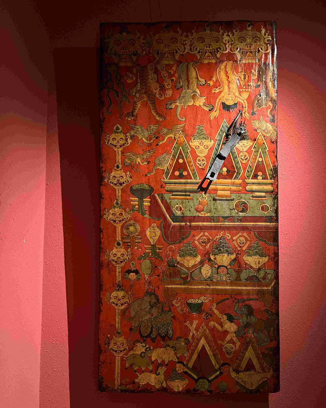 19th Century Shmashana Sacrificial Scene Old Wooden Door Thangka