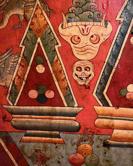 19th Century Shmashana Sacrificial Scene Old Wooden Door Thangka