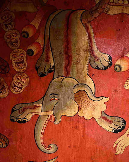19th Century Shmashana Sacrificial Scene Old Wooden Door Thangka