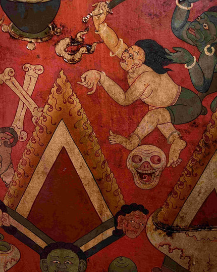 19th Century Shmashana Sacrificial Scene Old Wooden Door Thangka