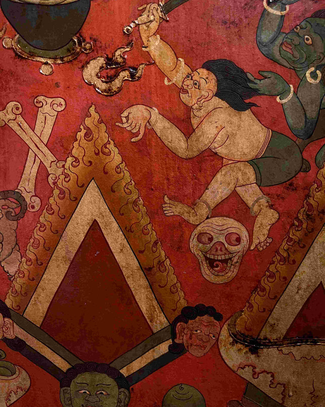 19th Century Shmashana Sacrificial Scene Old Wooden Door Thangka