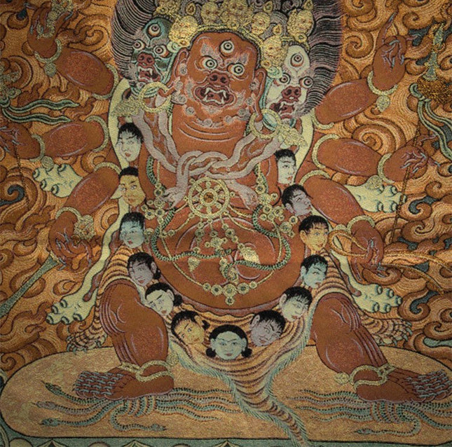 19th Century Six-armed Hayagriva Tibetan Antique Thangka Golden Thread Weaving From Tashi Lhunpo Monastery