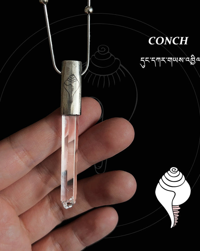 Eight Blessings from Tibet Spiritual Amulet Pendant in Sterling Silver & Crystal Quartz