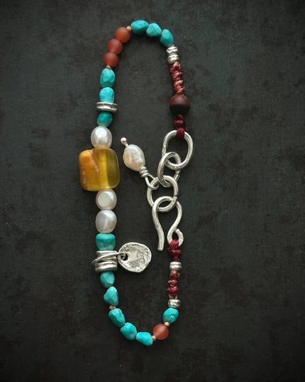 【Unique Item】 Nature's Mosaic: Raw Amber Agate  Turquoise Tibetan Pearls Silver Bracelet