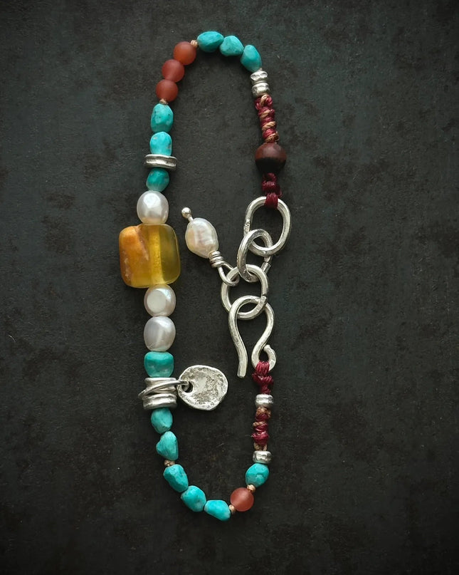 【Unique Item】 Nature's Mosaic: Raw Amber Agate  Turquoise Tibetan Pearls Silver Bracelet