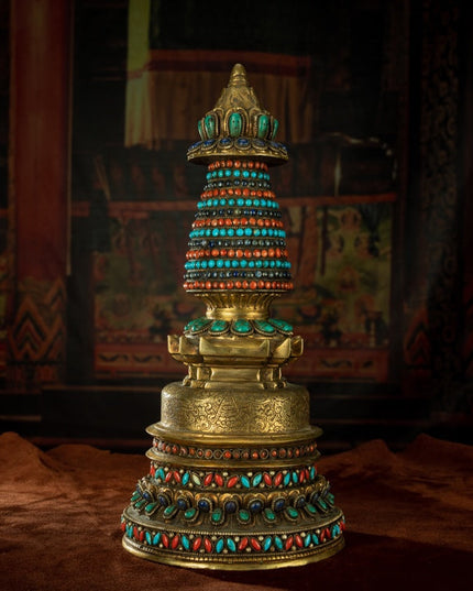Qing Dynasty Old Kadam Pagoda Tibetan light antique full of gold and water inlaid with gems
