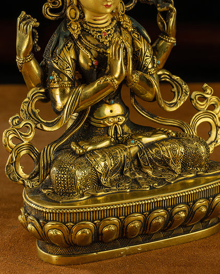 19th Century Four-armed Sadaksari Avalokitesvara Old Bronze Gilt Antigue Buddha Statue From Mindrolling Monastery