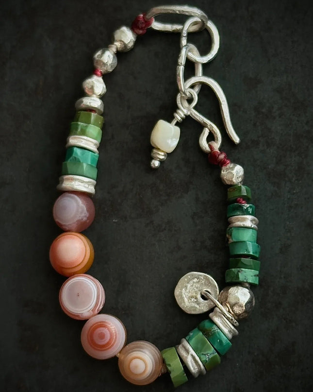 【Unique Item】 Heaven-Earth Vitality： Agate Dzi Beads Raw Turquoise Silver Bracelet