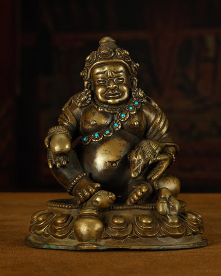 13th Century Tibetan Antique Buddha Statue Yellow God of Wealth Turquoise Inlay  Pala Style