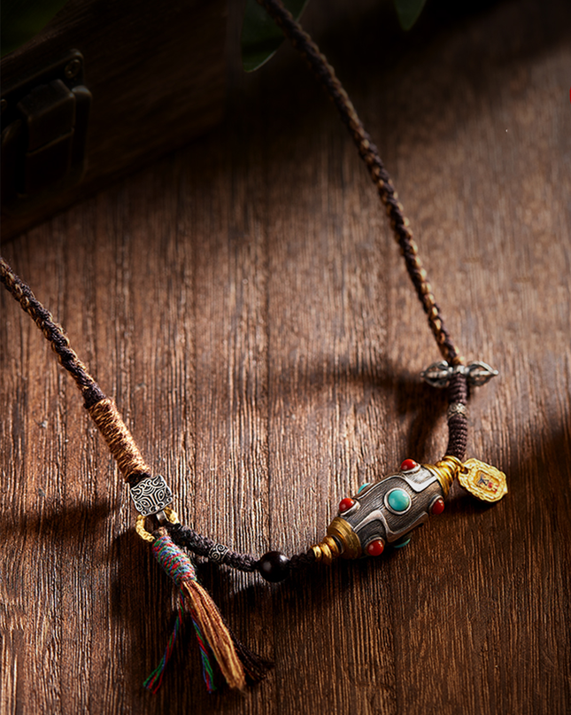 Handcrafted Woven Cord Nine-Eye Dzi Pendant