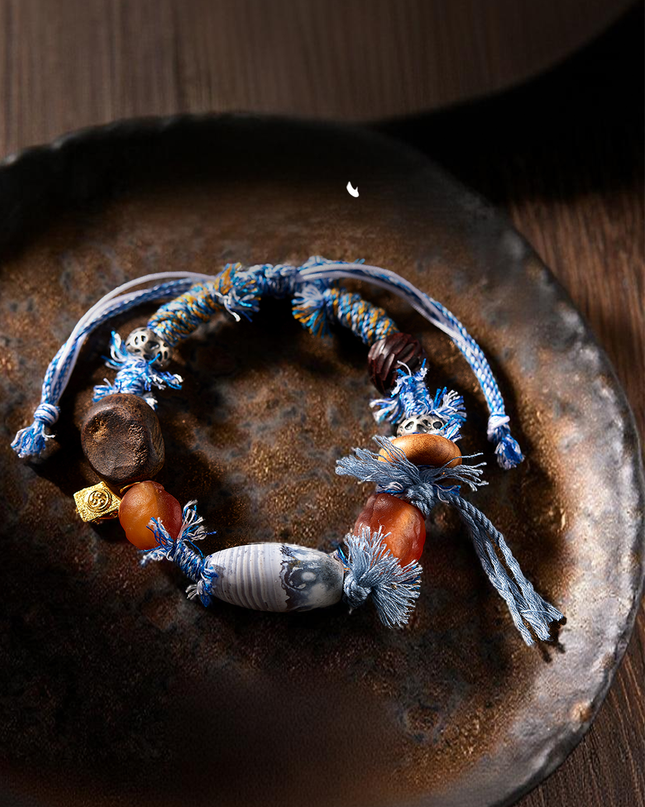 Himalayan Style Woven Cord Dzi Bead Silver Zakirum Bracelet