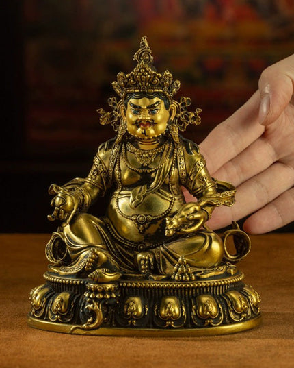 19th Century Yellow Jambhala Old Bronze Glit Antique Buddha Statue Sholdopal