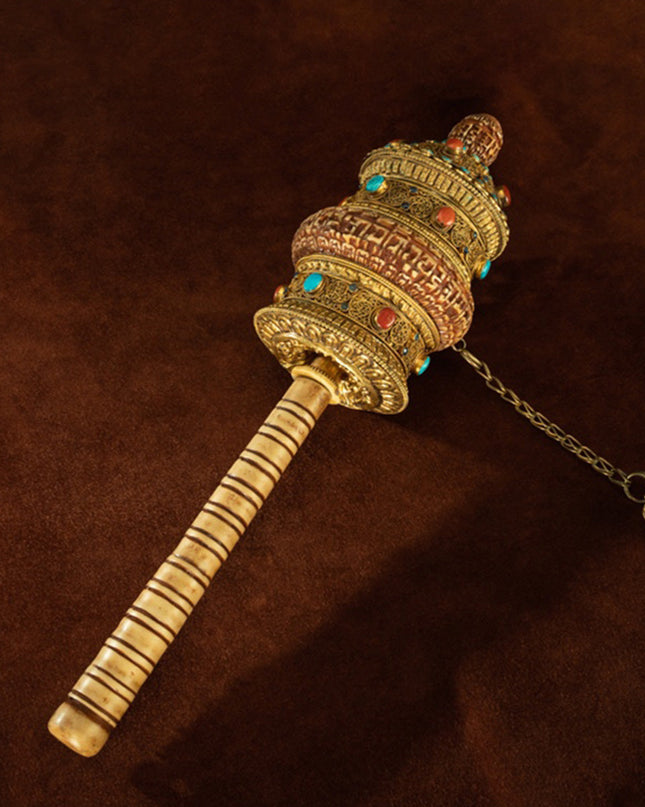 Qing Dynasty Prayer Wheel Tibetan ritual instrument gilt filigree inlaid with gems