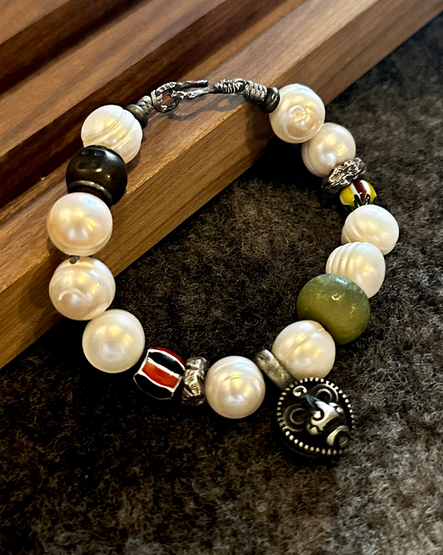 Himalayan Style Antique Pearl and Glass Multi-Blessing Bracelet
