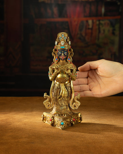 19th Century Zashi Lhamo Dharmapala God of Wealth Gilt Copper Painted Tibetan Buddha Statue From Sera Monastery