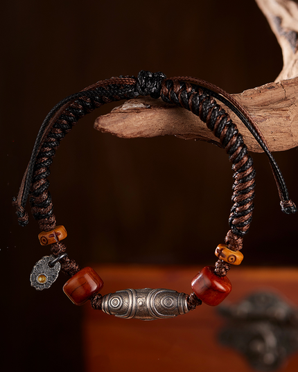 Handcrafted Woven Wax Cord Three-Eye Dzi Bead Bracelet