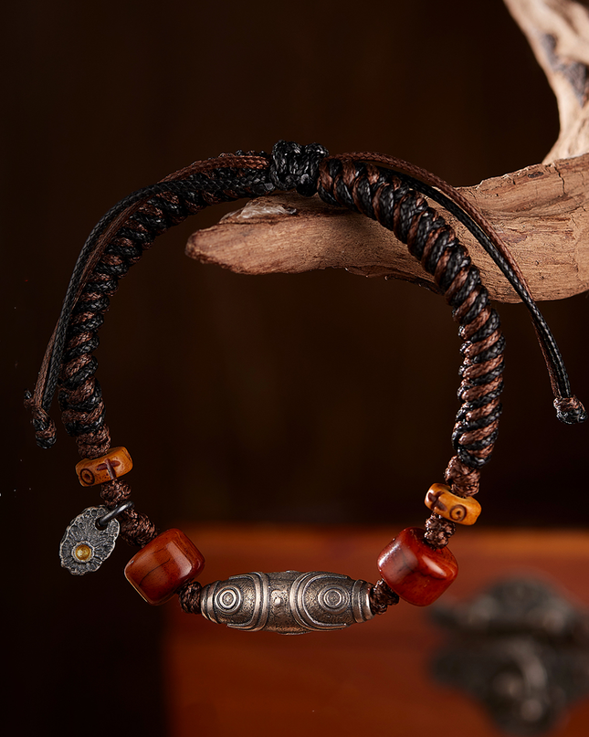 Handcrafted Woven Wax Cord Three-Eye Dzi Bead Bracelet
