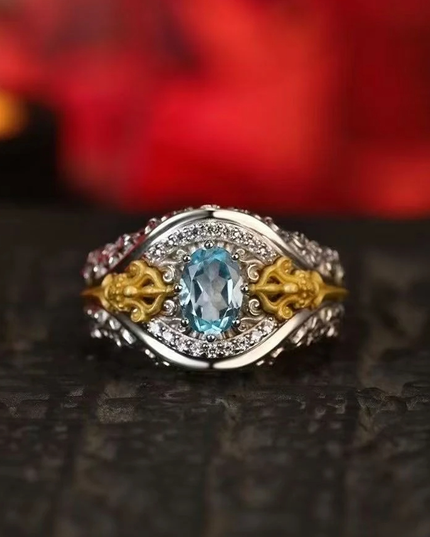Vajra Ritual Ring: Padmasambhava's Symbol for Overcoming Obstacles & Divine Protection - Sterling Silver with  Blue Topaz