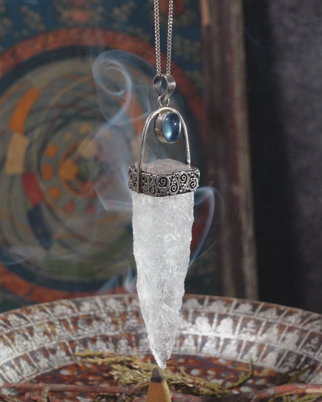 Kailash-Blessed Spiritual Energy Pendant - Clear Quartz Aquamarine Silver