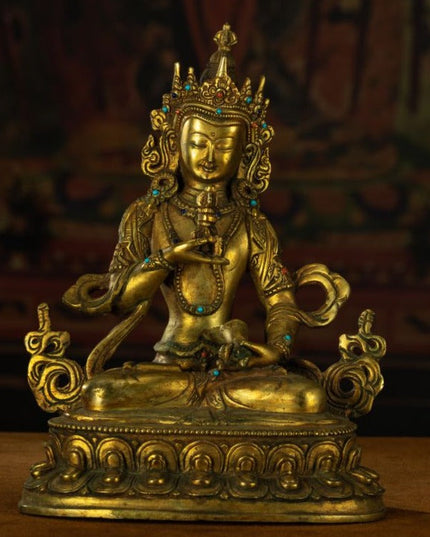 Qing Dynasty Vajrasattva statue Tibetan antique Buddha statue Gilt inlaid with Gemstones Minzhu Lin Temple