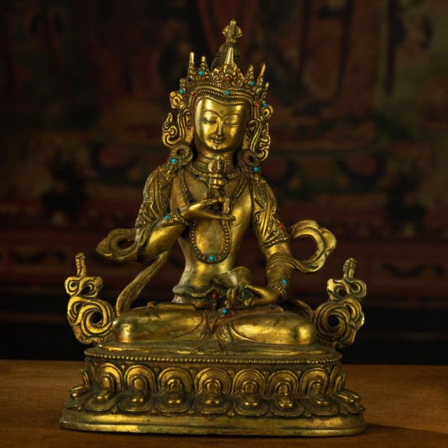 Qing Dynasty Vajrasattva statue Tibetan antique Buddha statue Gilt inlaid with Gemstones Minzhu Lin Temple