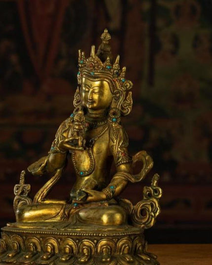 Qing Dynasty Vajrasattva statue Tibetan antique Buddha statue Gilt inlaid with Gemstones Minzhu Lin Temple