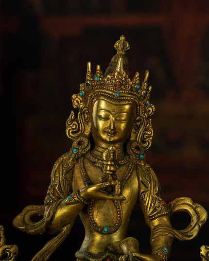 Qing Dynasty Vajrasattva statue Tibetan antique Buddha statue Gilt inlaid with Gemstones Minzhu Lin Temple