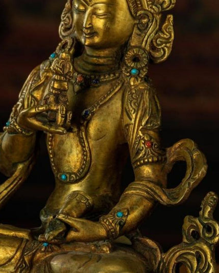 Qing Dynasty Vajrasattva statue Tibetan antique Buddha statue Gilt inlaid with Gemstones Minzhu Lin Temple