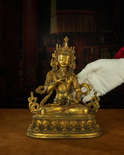 Qing Dynasty Vajrasattva statue Tibetan antique Buddha statue Gilt inlaid with Gemstones Minzhu Lin Temple