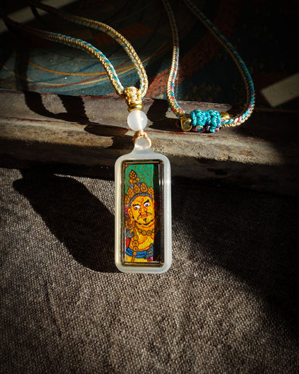 Yellow Dzambhala Wealth Pendant | Tibetan Agate Amulet with Mantra