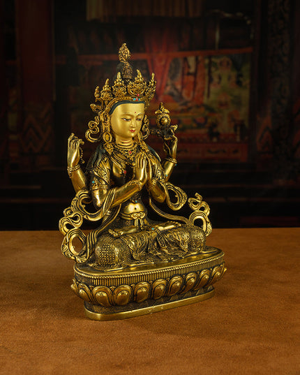 19th Century Four-armed Sadaksari Avalokitesvara Old Bronze Gilt Antigue Buddha Statue From Mindrolling Monastery