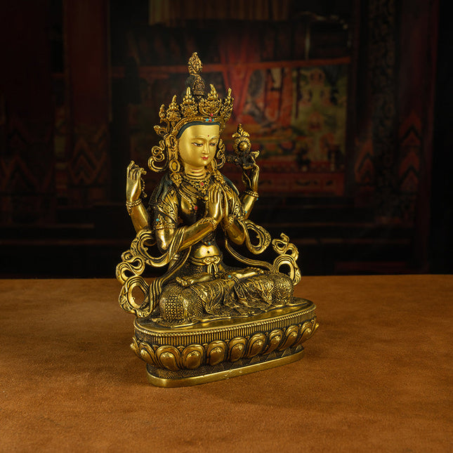 19th Century Four-armed Sadaksari Avalokitesvara Old Bronze Gilt Antigue Buddha Statue From Mindrolling Monastery