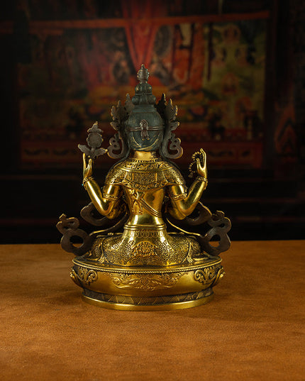 19th Century Four-armed Sadaksari Avalokitesvara Old Bronze Gilt Antigue Buddha Statue From Mindrolling Monastery