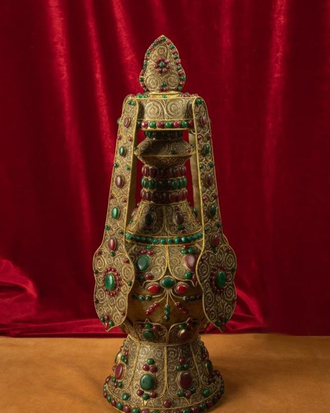 Qing Dynasty  Eternal Longevity Precious Vase Tibetan Colossal Edition Silver Filigree With Inlaid Gemstones Riwoche Monastery
