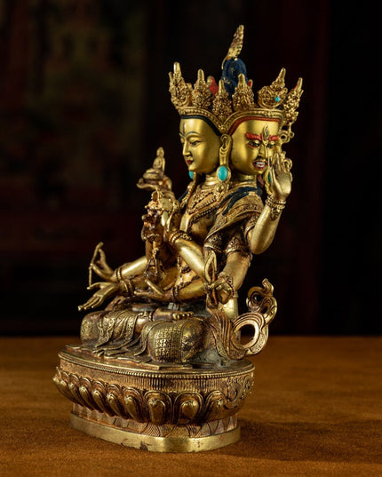 19th Century Three Faced Eight-armed Venerable Mother of Buddha Tibetan Statue of Buddha Gilt Bronze With Turquoise Inlay