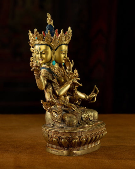 19th Century Three Faced Eight-armed Venerable Mother of Buddha Tibetan Statue of Buddha Gilt Bronze With Turquoise Inlay
