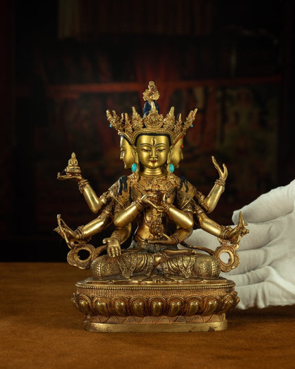 19th Century Three Faced Eight-armed Venerable Mother of Buddha Tibetan Statue of Buddha Gilt Bronze With Turquoise Inlay